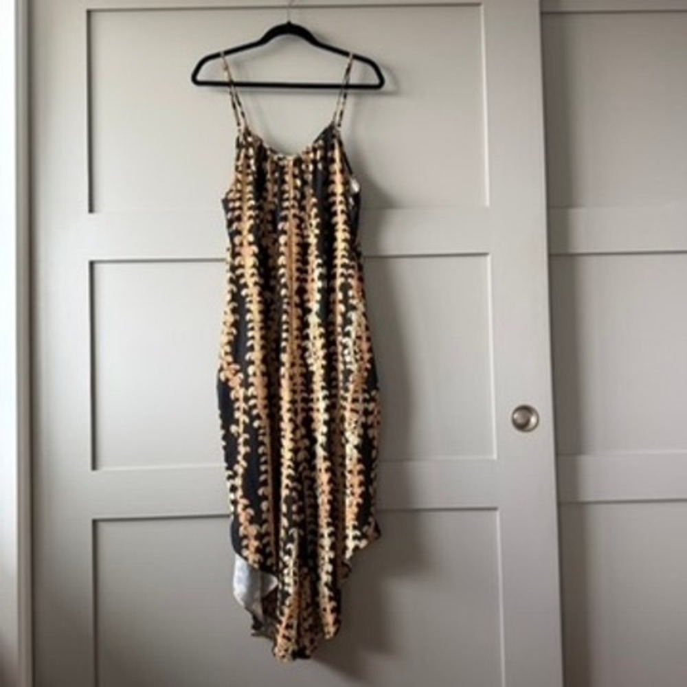 Luz Jumpsuit Womens 1X Black Gold Leaf Print Wide Leg Boho Hawaii Resort